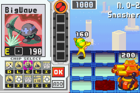 A GIF from Mega Man Battle Network 3 Blue Version of a battle where MegaMan.EXE double deletes two enemy viruses